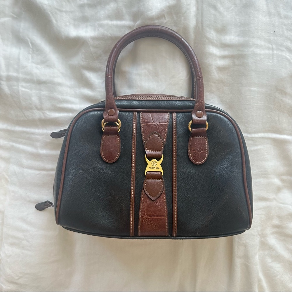 Vintage Black and Brown Satchel with Gold Accent